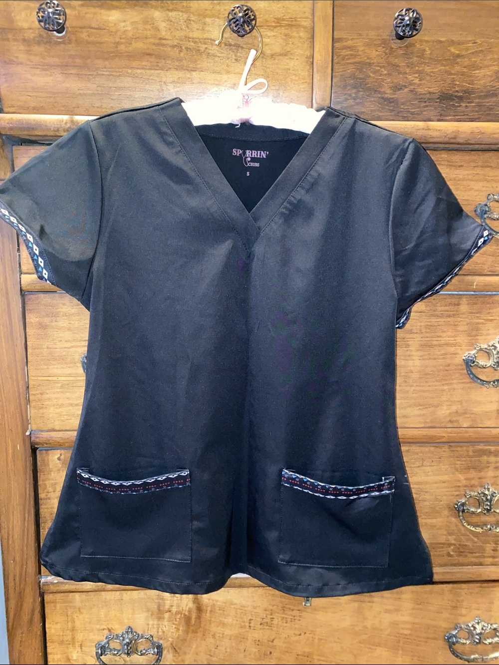 Black V-Neck Women's Scrub Top with Contrast Trim